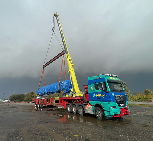 Allelys modular trailor carrying a component for the Slough Multifuel Expansion project